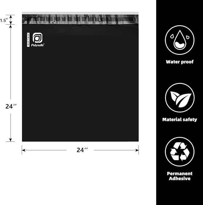 POLYSELLS 200 pcs 24x24 Inches Black Poly Mailers Shipping Envelopes, Strong Adhesive Sealing, Waterproof, and Tear-resistant Postal Mailing Bags for Clothing, Books, and Accessories