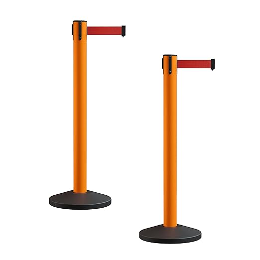 Crowd Control Warehouse CCW Series RBB-150 - Set of 2 Stanchion Retractable Belt Barriers - 16 Foot, Red Belt with Orange Post - Easy Assembly