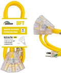 3-Outlets Indoor Outdoor Extension Cord Weatherproof with Lighted End, UL Listed, 10 Gauge 8FT Yellow 3 Prong Heavy Duty, 10/3 SJTW 15A Power Cord
