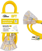 3-Outlets Indoor Outdoor Extension Cord Weatherproof with Lighted End, UL Listed, 10 Gauge 8FT Yellow 3 Prong Heavy Duty, 10/3 SJTW 15A Power Cord