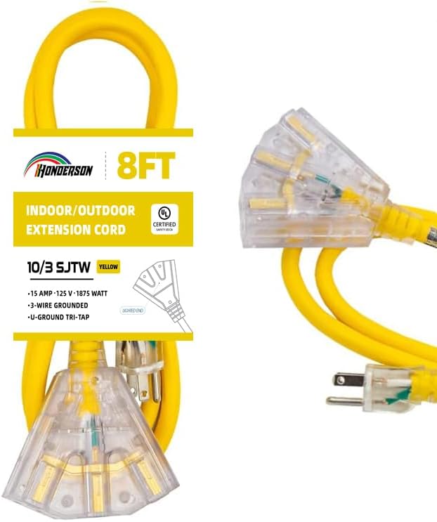 3-Outlets Indoor Outdoor Extension Cord Weatherproof with Lighted End, UL Listed, 10 Gauge 8FT Yellow 3 Prong Heavy Duty, 10/3 SJTW 15A Power Cord