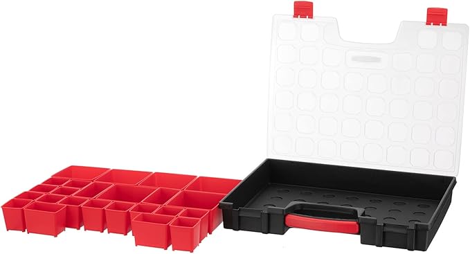 INTERTOOL Hardware Organizer with 24 Removable Bins - Small Parts Storage Tool Box for Nuts, Bolts, Screws, Nails - Portable Handle Transparent Lid with Locks BX08-4033