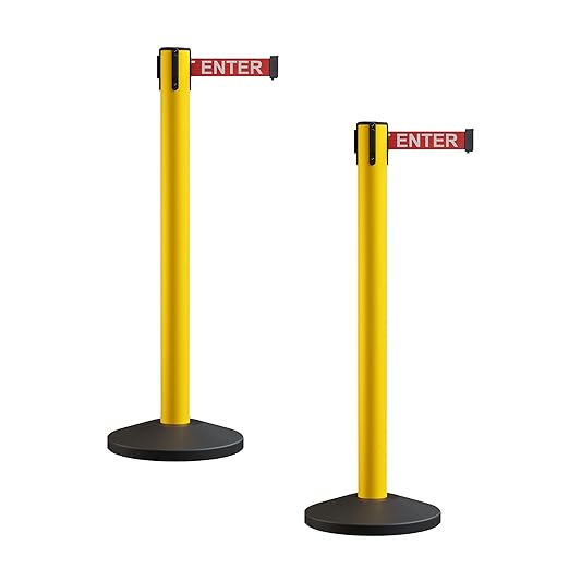 Crowd Control Warehouse CCW Series RBB-150 - Set of 2 Stanchion Retractable Belt Barriers - 16 Foot, Red"Caution - DO NOT Enter" White Letters Belt with Yellow Post - Easy Assembly