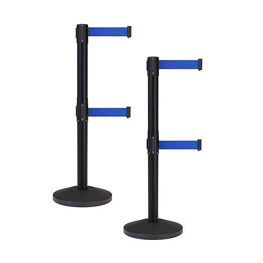 Crowd Control Warehouse CCW Series RBB-100D Set of 2 Stanchion Retractable Belt Barriers - Sloped Base, 11 Foot, Blue Dual Belt with Black Post - Easy Assembly