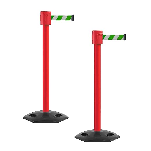 Montour Line MSR760 Set of 2 Retractable Belt Barrier Stanchion, Rubber Base, Red Post (35 ft Green and White Diagonal Belt)