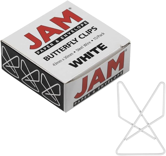 JAM PAPER Colorful Butterfly Clips - White Paper Clamps - 15/Pack
