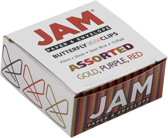 JAM PAPER Colorful Butterfly Clips - Assorted Paper Clamps - 15/Pack