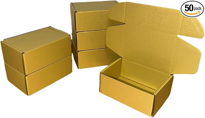 50 Pcs 4.3 x 3.1 x 2 inches Mini Size Corrugated Cardboard Gift Boxes Recyclable Shipping Boxes for Packing Jewelry Ornament Gift Craft Packaging Supplier (Gold, 4.3 x 3.1 x 2")