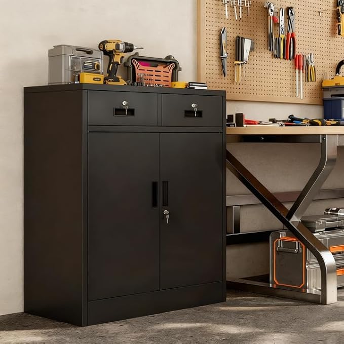Metal Storage Cabinet, 36 Inch Tall Metal Garage Cabinet with 2 Doors and 2 Drawers, Lockable Cabinet with Adjustable Shelf, Pantry Cabinets for Home Office,Kitchen,Pantry,Garage,Warehouse