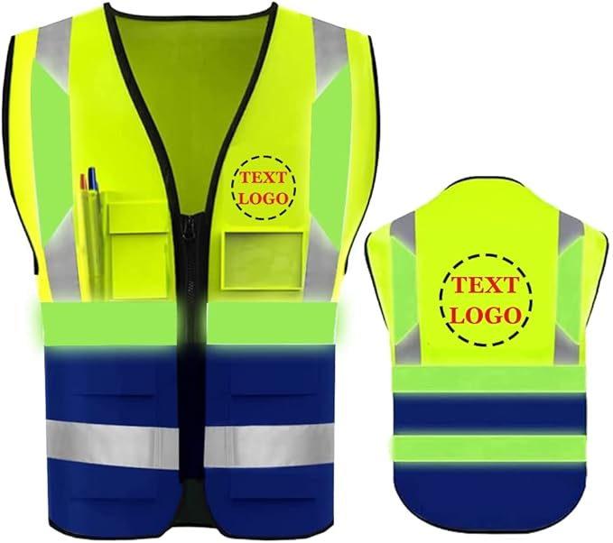YOWESHOP High Reflective Visibility Safety Vest Custom Your Logo Safety Workwear with Reflective Strips and Front Zipper