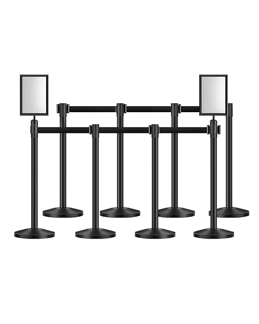 VEVOR Stanchion Post, 8 Pcs Stanchions with Retractable Belts, Carbon Steel Black Stanchions Queue with Sand Injection Hollow Base, Crowd Control Barriers for Theaters, Parties, Weddings, Exhibitions