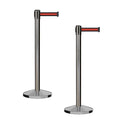CCW Series RBB-100 - Set of 2 Stanchion Retractable Belt Barriers (9 Foot Belt, Black with Horizontal Red Stripe Belt with Satin Stainless Steel Post)