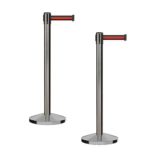 CCW Series RBB-100 - Set of 2 Stanchion Retractable Belt Barriers (11 Foot Belt, Black with Horizontal Red Stripe Belt with Satin Stainless Steel Post)