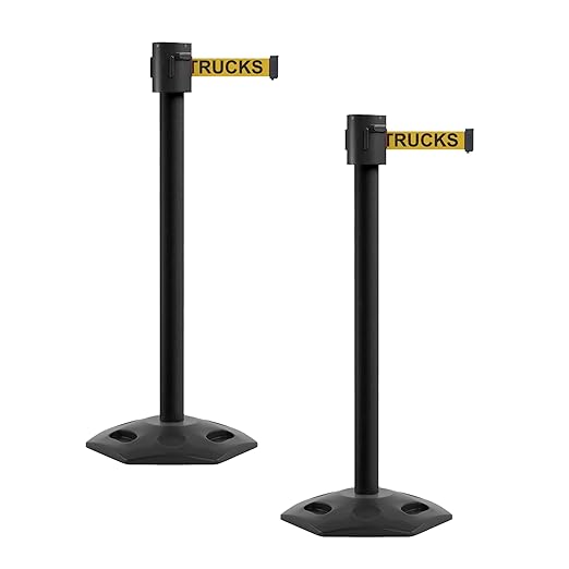 Montour Line MSR760 Set of 2 Retractable Belt Barrier Stanchion, Rubber Base, Black Powder Coated Post (35 ft Yellow with"Danger - Forklift Trucks" Black Letters Belt)