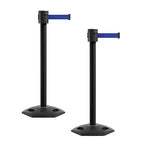 Montour Line MSR760 Set of 2 Retractable Belt Barrier Stanchion, Rubber Base, Black Powder Coated Post (35 ft Dark Blue Belt)