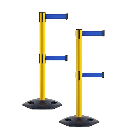 Crowd Control Warehouse CCW Set of 2 Retractable Dual Belt Stanchion Safety Barrier, Heavy-Duty Rubber Base Yellow Post, WBB-200D (11 Foot Belt, Blue Belt)