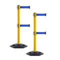 Crowd Control Warehouse CCW Set of 2 Retractable Dual Belt Stanchion Safety Barrier, Heavy-Duty Rubber Base Yellow Post, WBB-200D (7.5 Foot Belt, Blue Belt)