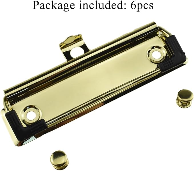 HAHIYO 3.94 Inches Gold Metal Mountable Clipboard Clips - 6 Pack, Durable Spring Loaded Clip with Rubber Grips, Hanging Hole and Rivets - Document File Wood Plastic Clip Board for Office School Home