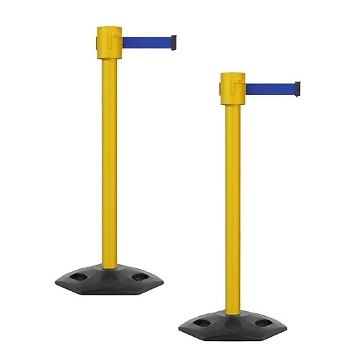 Montour Line MSR760 Set of 2 Retractable Belt Barrier Stanchion, Rubber Base, Yellow Post (35 ft Dark Blue Belt)