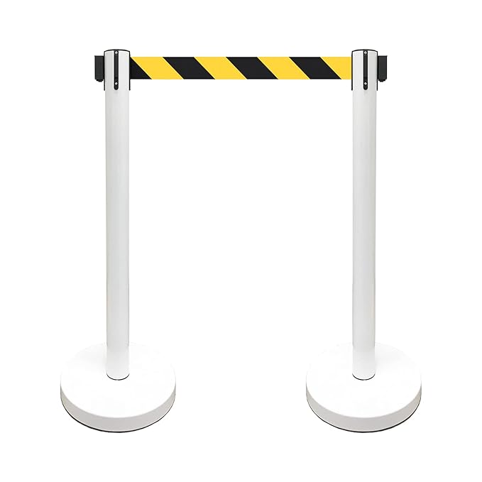 VIP Crowd Control Retractable Belt Stanchion Queue Safety Barrier Set, 36" Ht, 78" Belt (2 WHT Posts Black/Yellow Belt)