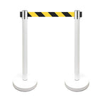 VIP Crowd Control Retractable Belt Stanchion Queue Safety Barrier Set, 36" Ht, 78" Belt (2 WHT Posts Black/Yellow Belt)