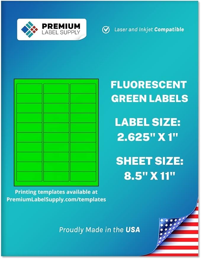 Premium Label Supply Bright Neon Color Fluorescent Stickers - 2.625" x 1" Address Labels - (Fluorescent Green, 3000 Labels)