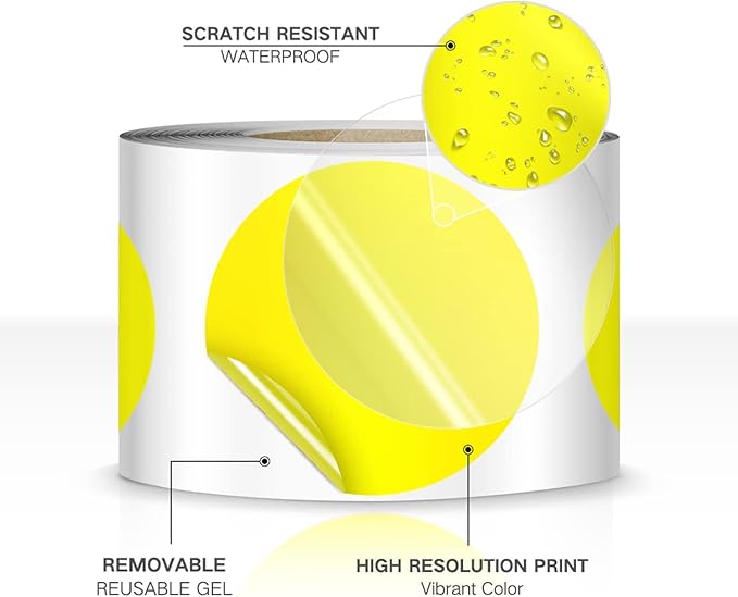500 PCS Dot Sticker Tape 2" Inch Round Color Coding Labels Removable Writable Circle Floor Decal for Marking Organizing Social Distancing Yellow