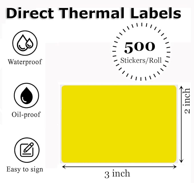 3" x 2" Thermal Labels Stickers Yellow, Thermal Printer hipping Stickers, Multipurpose Inventory Self-Adhesive Direct Thermal Label for Small Business (500 Labels/Roll)