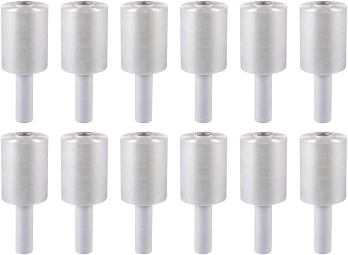 12 Packs of 5 inch x 1000 ft Stretch Wrap Film with Handle 70 Gauge Extra Thick Clear Mini Hand Stretch Wrap Rolls, Clear
