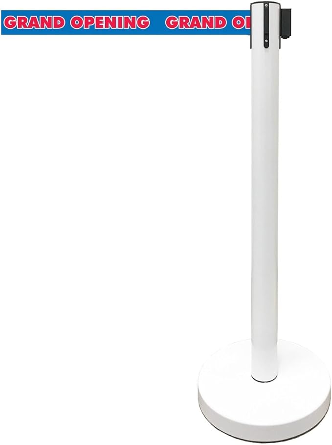 Retractable Stanchion, 6 SPECIALTY Posts + Signframe, 36" Ht, 78" Special Event & Holiday Theme Belt + Bonus Replacement Cassettes + Wall Receiver (WHT Post/Grand Opening Belt)