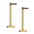 CCW Series RBB-100 - Set of 2 Stanchion Retractable Belt Barriers (7.5 Foot Belt, Black with Horizontal Red Stripe Belt with Polished Brass Post)