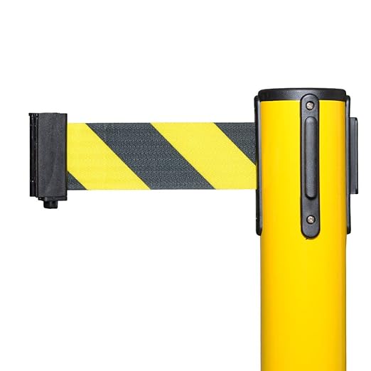 Crowd Control Warehouse CCW Series RBB-100 Set of 2 Stanchions with Retractable Belts - 11 Ft Black/Yellow Belt, Yellow Post - Line Dividers for Crowds Retractable Crowd Control Barriers