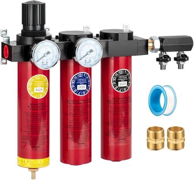 NANPU Z Series 3-Stage Air Filtration System - Sintered, Fine, & Charcoal Filters, 3/8" NPT Inlet, 1/4" NPT Outlet Module, 0-230 psi Gauge, 127 CFM @ 6 bar, Metal Housing, Auto Drain
