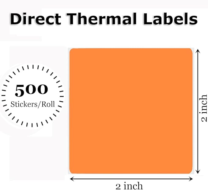 2" x 2" Thermal Labels Stickers Orange, Square Thermal Shipping Stickers, Multipurpose Inventory Self-Adhesive Direct Thermal Label for Small Business (500 Labels/Roll)