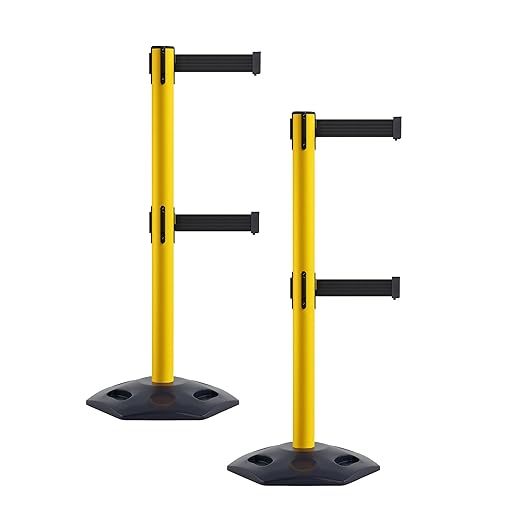 Crowd Control Warehouse CCW Set of 2 Retractable Dual Belt Stanchion Safety Barrier, Heavy-Duty Rubber Base Yellow Post, WBB-200D (11 Foot Belt, Black Belt)