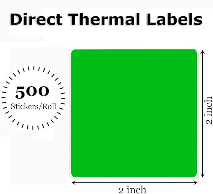 2" x 2" Thermal Labels Stickers Green, Square Thermal Shipping Stickers, Multipurpose Inventory Self-Adhesive Direct Thermal Label for Small Business (500 Labels/Roll)