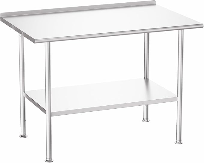 All-Stainless Steel Prep Table, 30 X 48 Inch, with Rounded-Corner Backsplash and Adjustable Undershelf, Heavy-Duty for Outdoor Use,Restaurants,Hotels,Workshops,Kitchens,Gardens, and Garages