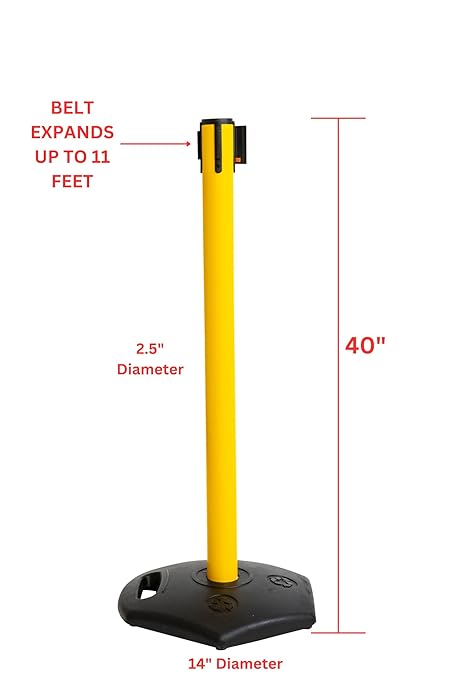 Xpress Safety Stanchion– 11’ Premium Polyester Belt, Universal 4-Way Connection, Rubber Base, Handle, 40” Height, 21 lbs – (Outdoor Yellow Post, Rubber Base, 11’ Chevron Yellow/Black