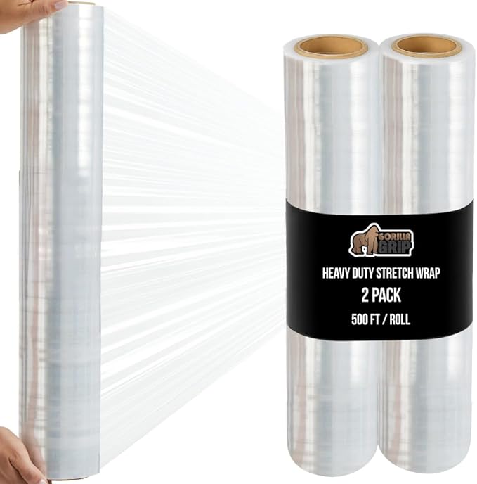 GORILLA GRIP 500% Stretch Film Heavy Duty Plastic, 2 Pack 500ft Shrink Wrap Rolls 24" Puncture Resistant, Industrial Strength for Pallet Storing, Wrapping, Moving, Packing Furniture Protection Clear