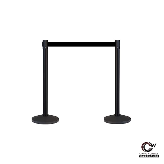 Crowd Control Warehouse CCW Series RBB-100 - Set of 2 Stanchion Retractable Belt Barriers - 7.5 Foot, Black and Red Diagonal Belt with Black Post - Easy Assembly