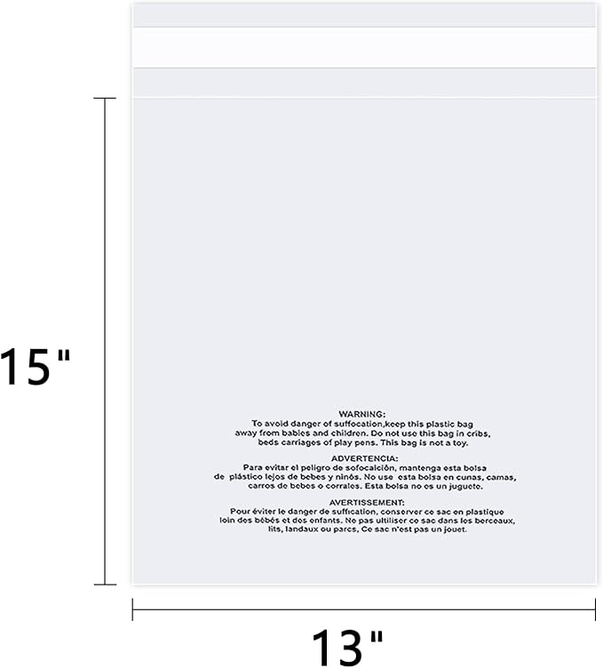 iMailer - 500 Count - 13" x 15" Clear Plastic Poly Bags with Suffocation Warning for Clothing, T-Shirts, Pants-Resealable Adhesive,Not Strong