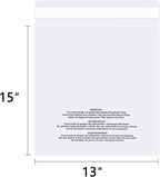 iMailer - 200 Count - 13" x 15" Clear Plastic Poly Bags with Suffocation Warning for Clothing, T-Shirts, Pants-Resealable Adhesive,Not Strong