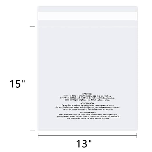 iMailer - 100 Count - 13" x 15" Clear Plastic Poly Bags with Suffocation Warning for Clothing, T-Shirts, Pants-Resealable Adhesive,Not Strong