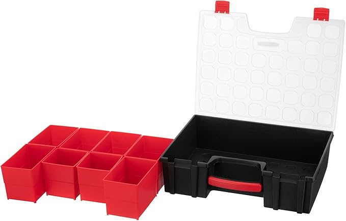 INTERTOOL Hardware Organizer with 8 Deep Removable Bins - Small Parts Storage Tool Box for Nuts, Bolts, Screws, Nails - 16.5" x 13" x 4.5" - Portable Handle Transparent Lid with Locks BX08-4034