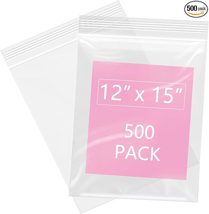 iMailer - 500 Pcs- 12" x 15" Large Plastic Zip Poly Bags- Clear Zip Storage Bag for Clothing, T-Shirts, Pants