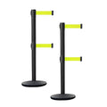 Crowd Control Warehouse CCW Set of 2 Dual Retractable Belt Barrier Stanchion, Cast Iron Base Black Post, IRBB-100D (7.5 Belt, Fluorescent Yellow Belt)