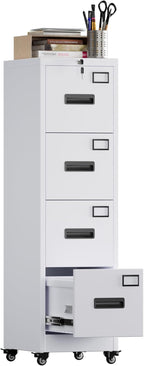 METAN 4 Drawer File Cabinet on Wheels, Lockable Metal Filing Cabinet with Handle and Name Card for Office Home,Assembly Required,White