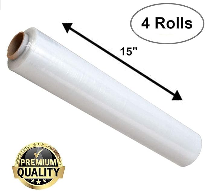 ABC Plastic Wrap for Moving, 15 Inch x 1476 Feet. 4 Roolls of Pallet Wrap Stretch Film. Moving Supplies Stretch Wrap Roll. Industrial Plastic Wrap Roll Moving. Packing Wrap Plastic Roll