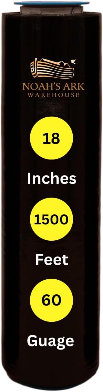 Noah's Ark Warehouse 18" x 1500FT Industrial Class Pallet Wrap, 60 Gauge Black Stretch Film for Warehouse Packing, Adhering Packing Moving Packaging (1 Pack)