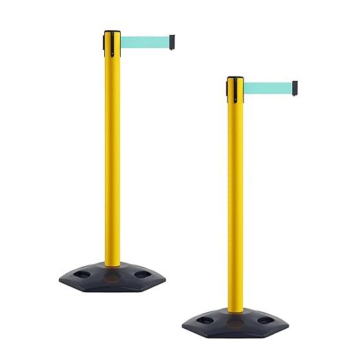 Crowd Control Warehouse CCW Series WBB-200 - Set of 2 Stanchion Retractable Belt Barriers - 11 Foot, Light Green Belt with Yellow Post - Easy Assembly